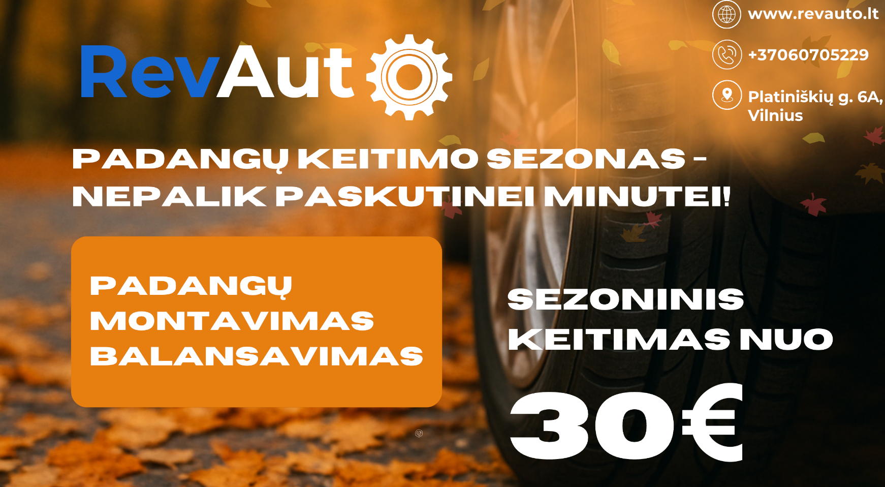 Sezoninė padangų keitimo reklama. Platus (21:9) baneris visam puslapio pločiui: autoserviso garažo fonas, mechanikas keičia automobilio padangas, aiškūs ratlankiai ir padangos, švarus minimalus dizainas, žiemos/rudens nuotaika (mėlyni ir pilki tonai), profesionalus apšvietimas, daug neperkrautos erdvės tekstui dešinėje, be logotipų, be prekės ženklų, itin aukšta kokybė.